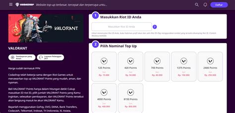 Galeri foto game h pilih nominal sesuai CodaShop Valorant referensi top up praktis banget di buka lewat pusat akun